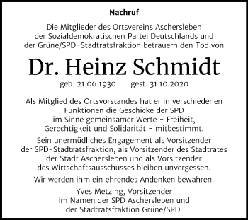 Traueranzeige von Heinz Schmidt von Super Sonntag Aschersleben