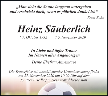 Traueranzeige von Heinz Säuberlich von Super Sonntag Dessau-Roßlau