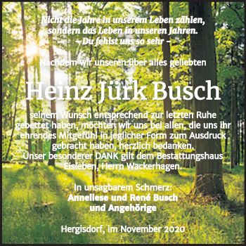 Traueranzeige von Heinz Jürk Busch von Mitteldeutsche Zeitung Mansfelder Land