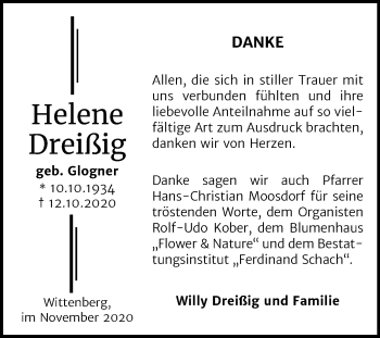 Traueranzeige von Helene Dreißig von Super Sonntag Wittenberg
