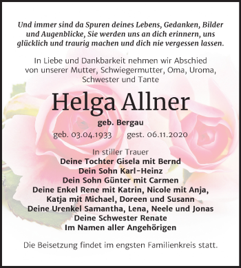 Traueranzeige von Helga Allner von Mitteldeutsche Zeitung Wittenberg