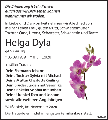 Traueranzeige von Helga Dyla von Mitteldeutsche Zeitung Weißenfels