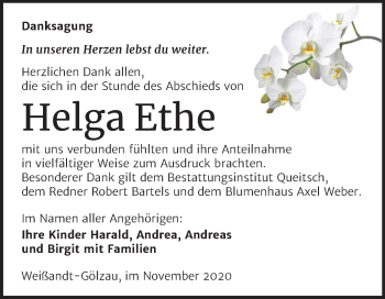 Traueranzeige von Helga Ethe von Super Sonntag Köthen