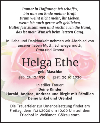 Traueranzeige von Helga Ethe von Mitteldeutsche Zeitung Köthen