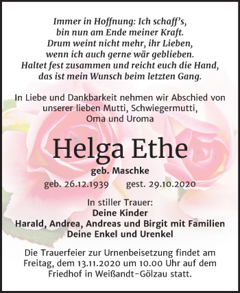 Traueranzeige von Helga Ethe von Super Sonntag Köthen