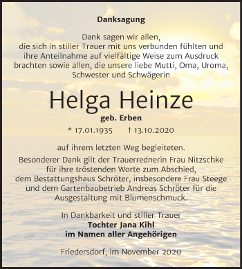 Traueranzeige von Helga Heinze von Mitteldeutsche Zeitung Bitterfeld