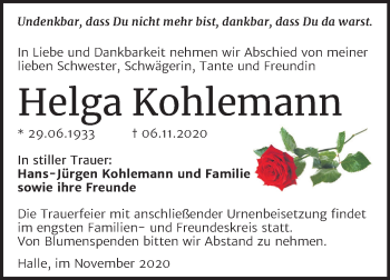 Traueranzeige von Helga Kohlemann von Mitteldeutsche Zeitung Halle/Saalkreis