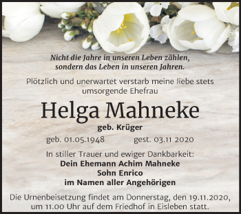 Traueranzeige von Helga Mahneke von Mitteldeutsche Zeitung Mansfelder Land