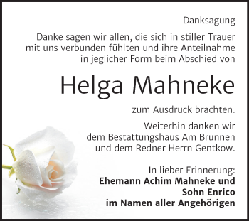 Traueranzeige von Helga Mahneke von Mitteldeutsche Zeitung Mansfelder Land