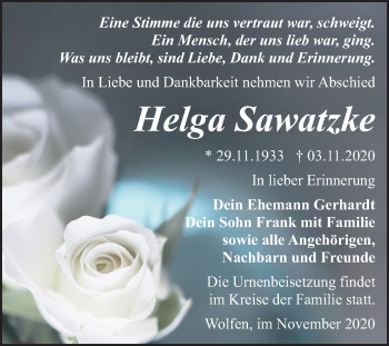 Traueranzeige von Helga Sawatzke von Mitteldeutsche Zeitung Bitterfeld