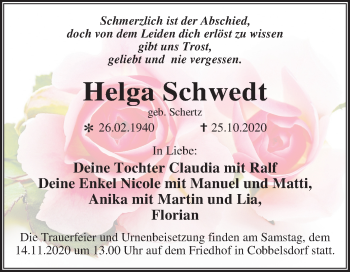 Traueranzeige von Helga Schwedt von Mitteldeutsche Zeitung Wittenberg