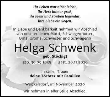 Traueranzeige von Helga Schwenk von Mitteldeutsche Zeitung Zeitz