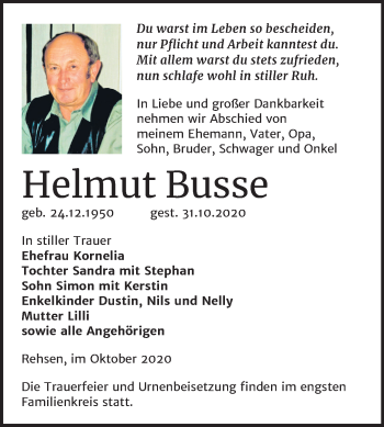 Traueranzeige von Helmut Busse von Super Sonntag Wittenberg