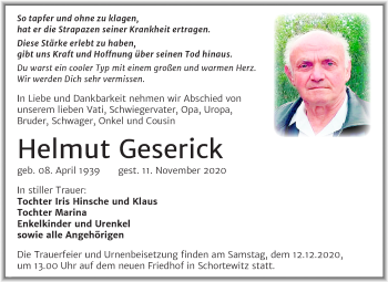 Traueranzeige von Helmut Geserick von Mitteldeutsche Zeitung Köthen