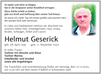 Traueranzeige von Helmut Geserick von Super Sonntag Köthen