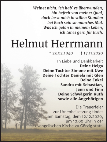 Traueranzeige von Helmut Herrmann von Mitteldeutsche Zeitung Köthen