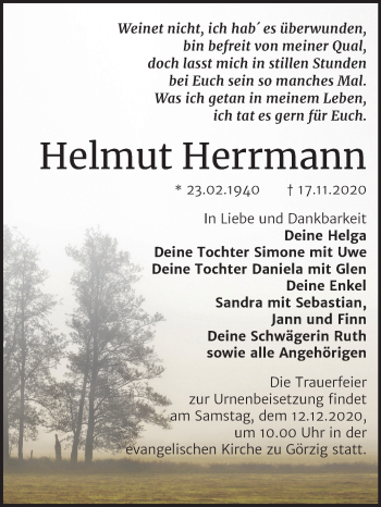 Traueranzeige von Helmut Herrmann von Super Sonntag Köthen