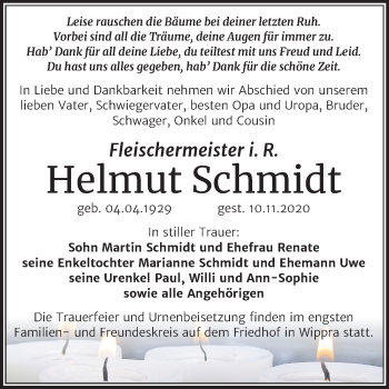 Traueranzeige von Helmut Schmidt von Super Sonntag Mansfelder Land / Sangerhausen