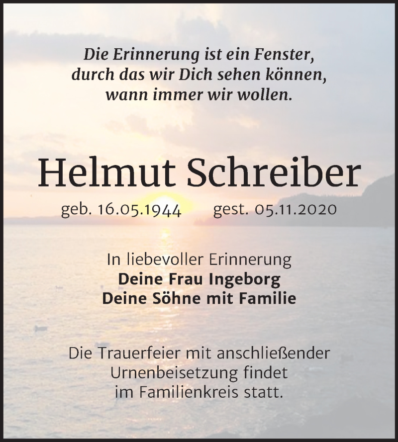  Traueranzeige für Helmut Schreiber vom 18.11.2020 aus Wochenspiegel Weißenfels