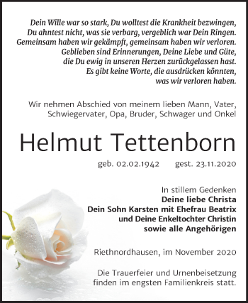 Traueranzeige von Helmut Tettenborn von Mitteldeutsche Zeitung Sangerhausen