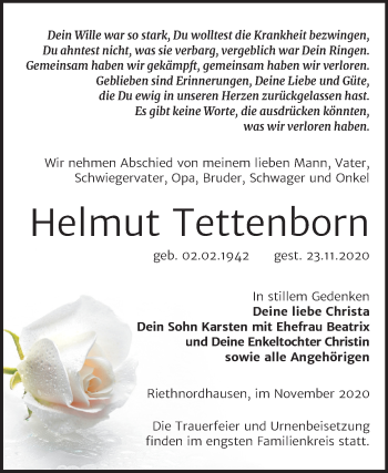 Traueranzeige von Helmut Tettenborn von Super Sonntag Sangerhausen