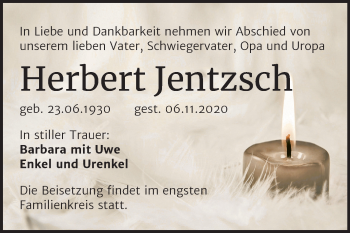 Traueranzeige von Herbert Jentzsch von Super Sonntag Wittenberg