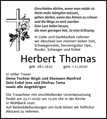 Traueranzeige von Herbert Thomas von Mitteldeutsche Zeitung Bitterfeld