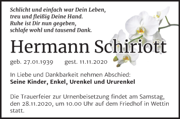 Traueranzeige von Hermann Schiriott von Mitteldeutsche Zeitung Halle/Saalkreis