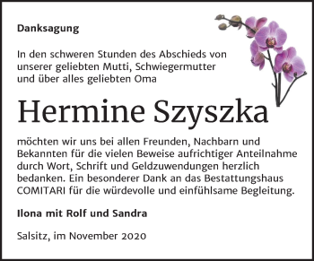Traueranzeige von Hermine Szyszka von Super Sonntag Zeitz