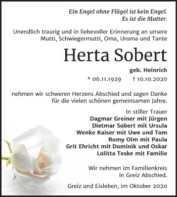 Traueranzeige von Herta Sobert von Mitteldeutsche Zeitung Mansfelder Land