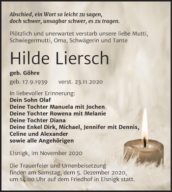 Traueranzeige von Hilde Liersch von Super Sonntag Köthen