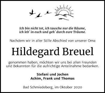 Traueranzeige von Hildegard Breuel von Super Sonntag Wittenberg