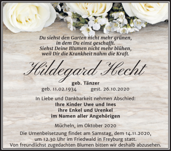 Traueranzeige von Hildegard Hecht von Mitteldeutsche Zeitung Merseburg/Querfurt