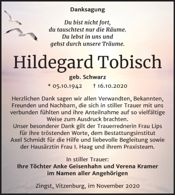 Traueranzeige von Hildegard Tobisch von Wochenspiegel Merseburg/Querfurt / Naumburg/Nebra