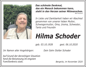 Traueranzeige von Hilma Schoder von Super Sonntag Naumburg/Nebra