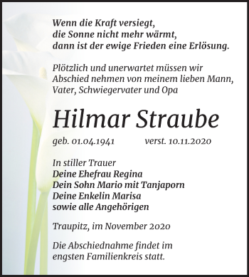 Traueranzeige von Hilmar Straube von Mitteldeutsche Zeitung Zeitz