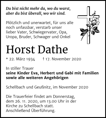 Traueranzeige von Horst Dathe von Mitteldeutsche Zeitung Zeitz