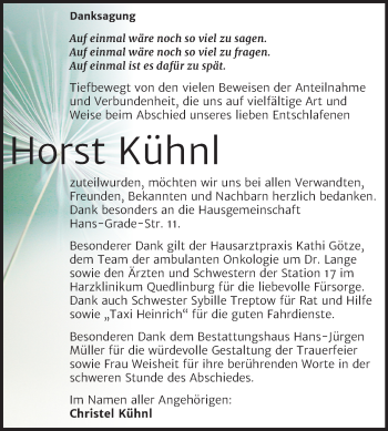 Traueranzeige von Horst Kühnl von Mitteldeutsche Zeitung Aschersleben