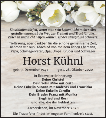 Traueranzeige von Horst Kühnl von Super Sonntag Aschersleben