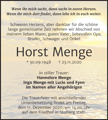 Traueranzeige von Horst Menge von Mitteldeutsche Zeitung Sangerhausen