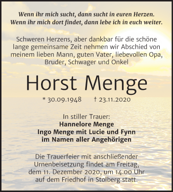 Traueranzeige von Horst Menge von Super Sonntag Sangerhausen
