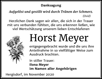 Traueranzeige von Horst Meyer von Mitteldeutsche Zeitung Mansfelder Land