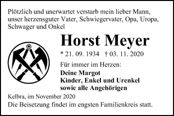 Traueranzeige von Horst Meyer von Super Sonntag Sangerhausen