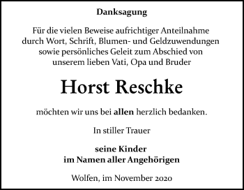 Traueranzeige von Horst Reschke von Mitteldeutsche Zeitung Bitterfeld