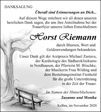 Traueranzeige von Horst Riemann von Mitteldeutsche Zeitung Sangerhausen