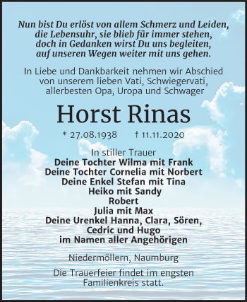 Traueranzeige von Horst Rinas von Mitteldeutsche Zeitung Naumburg/Nebra
