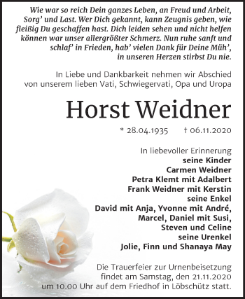 Traueranzeige von Horst Weidner von Wochenspiegel Naumburg/Nebra