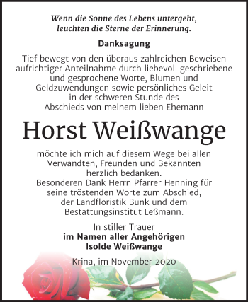 Traueranzeige von Horst Weißwange von Mitteldeutsche Zeitung Bitterfeld