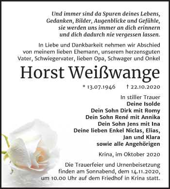 Traueranzeige von Horst Weißwange von Wochenspiegel Bitterfeld