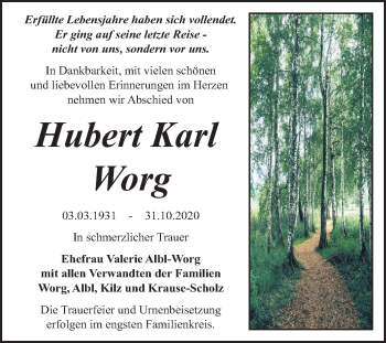 Traueranzeige von Hubert Karl Worg von Mitteldeutsche Zeitung Bitterfeld